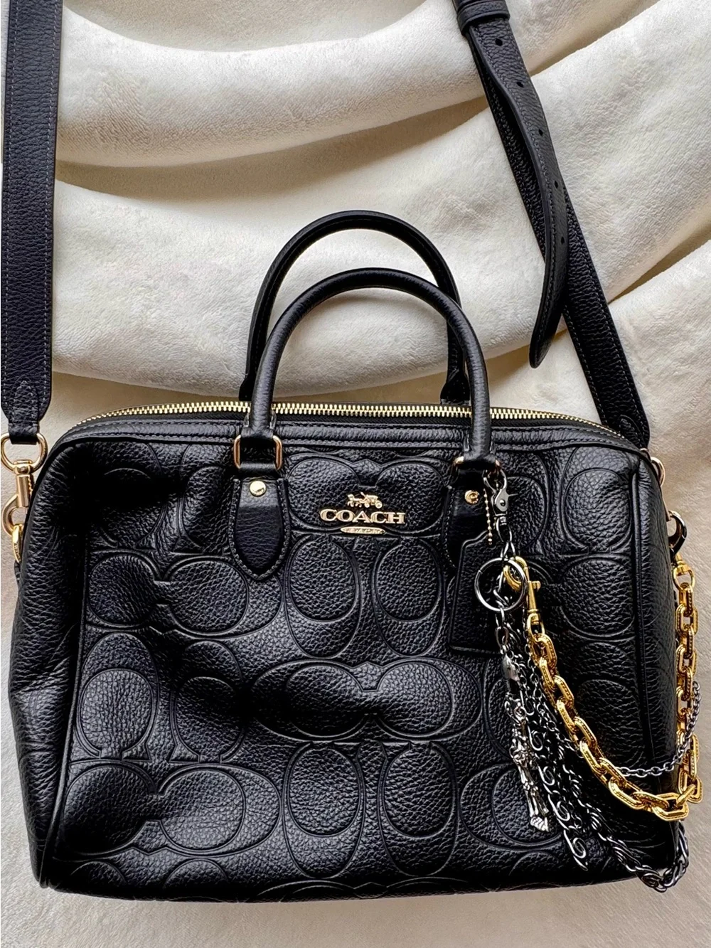 Coach Black Embossed Pebbled Leather Satchel with Mixed Metal Chains - Picture 10 of 10